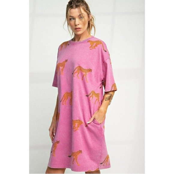 NEW Easel Mineral Wash Pink Cheetah T-shirt Shift Dress Pockets 2X New With Tags - Picture 1 of 13